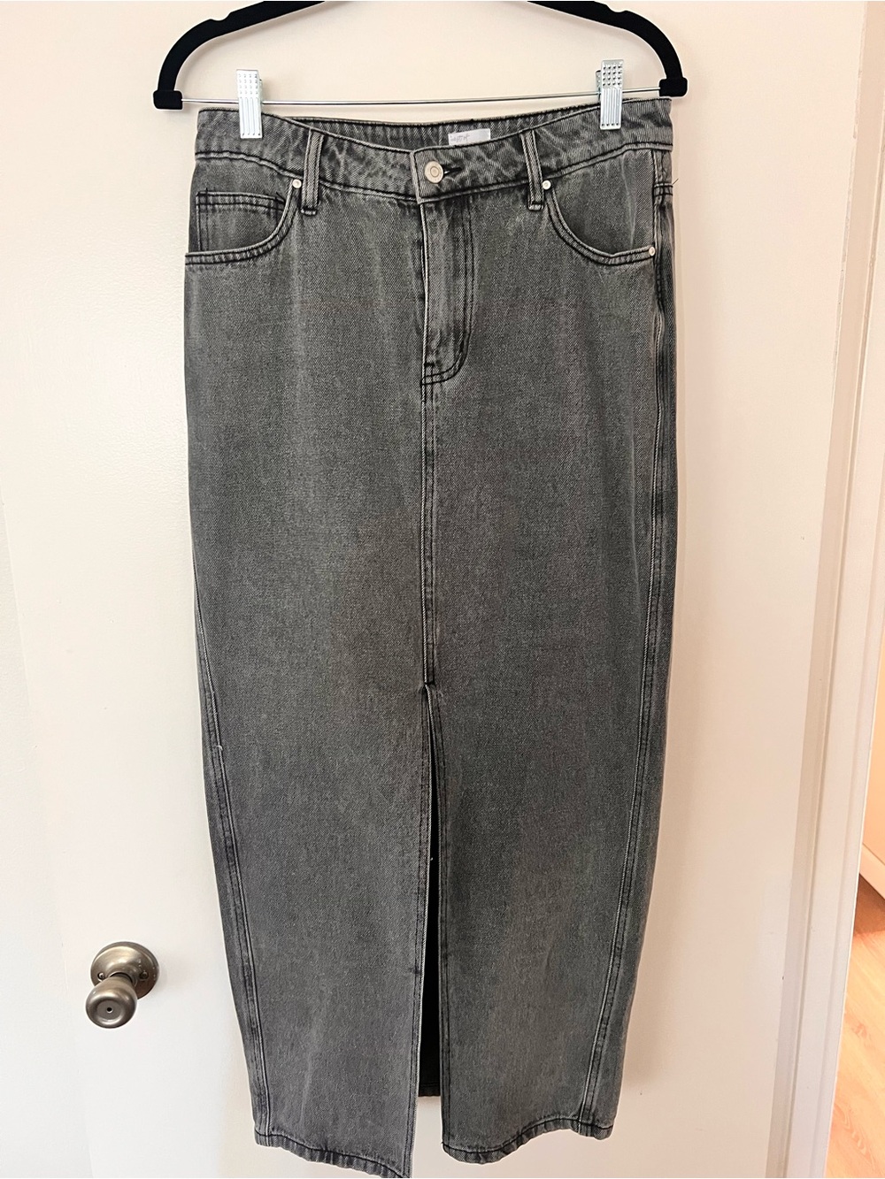 Gray Denim long maxi Skirt with Front Slit